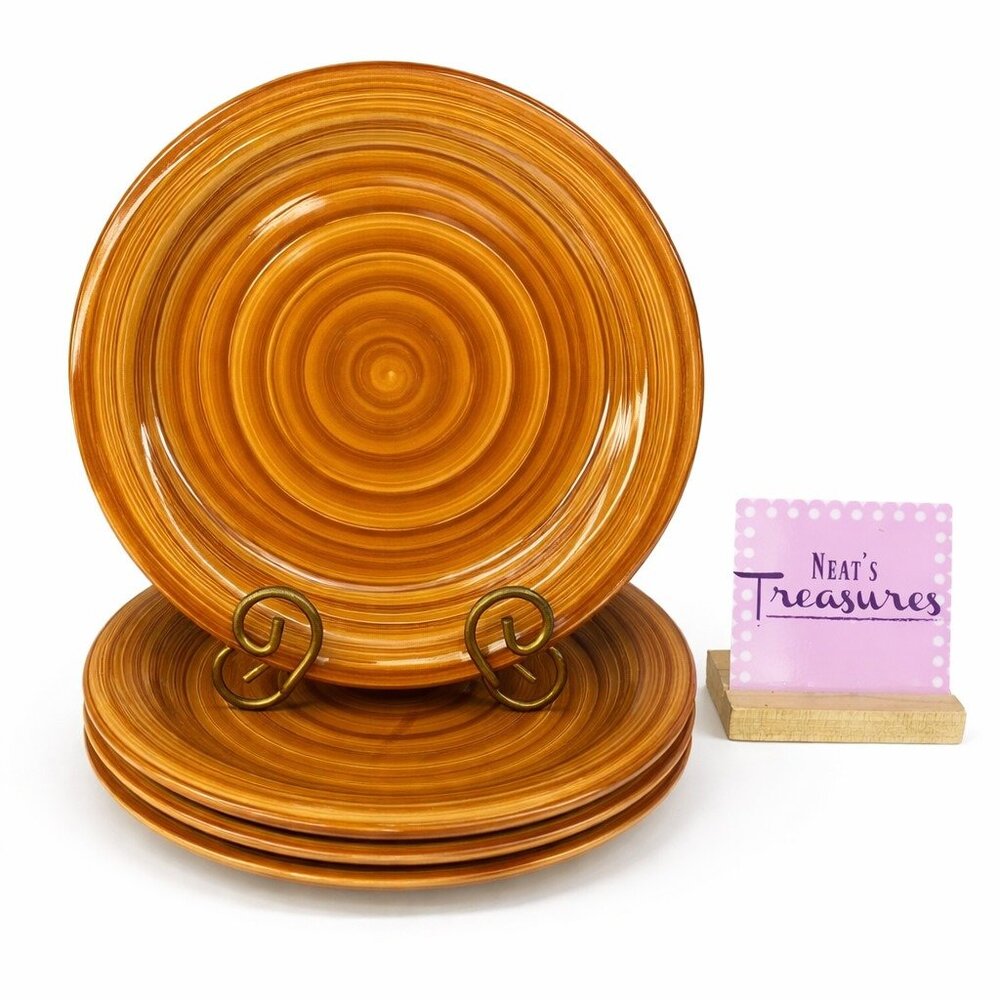 Citrus Grove TAN BROWN SWIRL C8G8  Rust Hand Paint Stoneware Dinner Plates Set 4